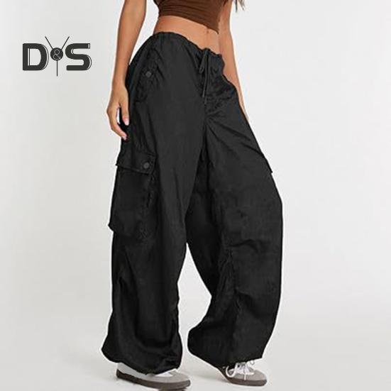 Dámské cargo kalhoty nastavitelné stahovací šňůrkou široké nohavice letní kalhoty s mnoha kapsami nízký pas jednobarevné dlouhé kalhoty