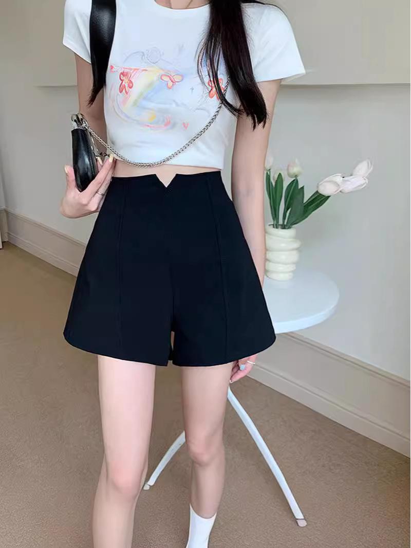 

2024 Летние черные брюки с высокой посадкой и широкими штанинами в корейском стиле - Модные женские повседневные шорты 2XL чёрный