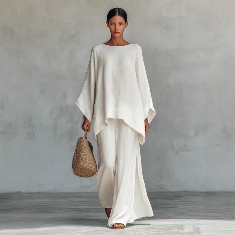 New 1116 European and American new women's elegant simple loose solid color shirt wide-leg pants set