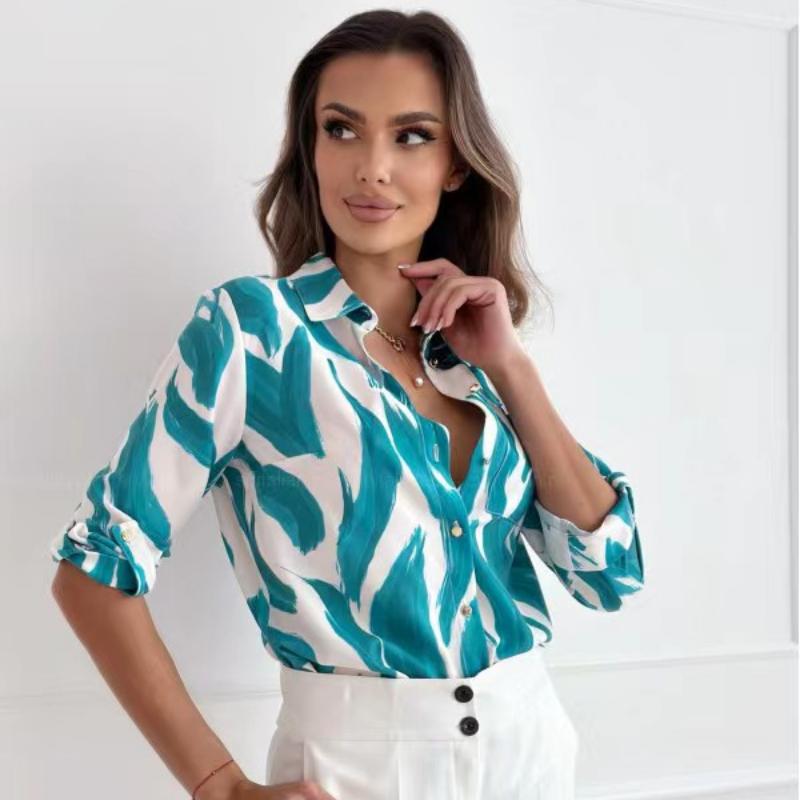 Camicia Vintage a Maniche Lunghe con Stampa Donna Colletto Classico Blusa Casual Top da Ufficio Abbottonatura Camicie Eleganti Larghe Femminili 24189