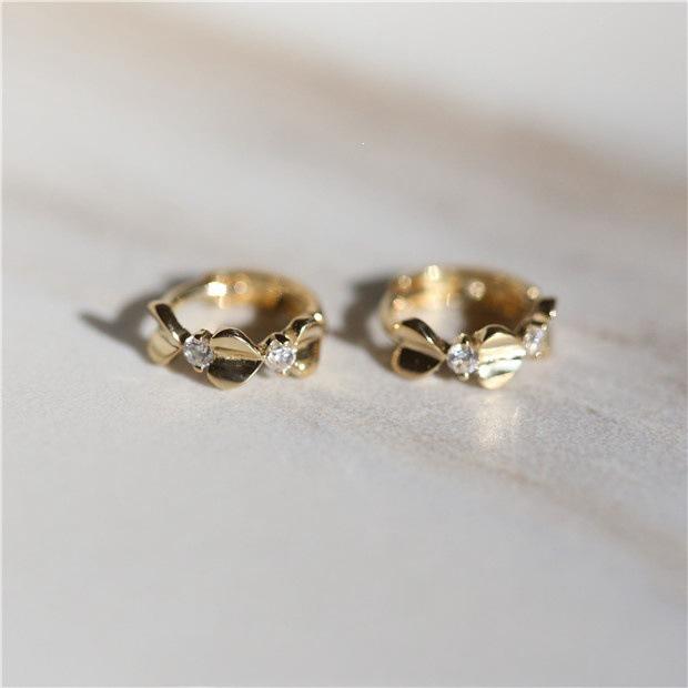18K Gold-Plated S925 Sterling Silver Heart Earrings with Single Diamond Studs 18K Gold Pair