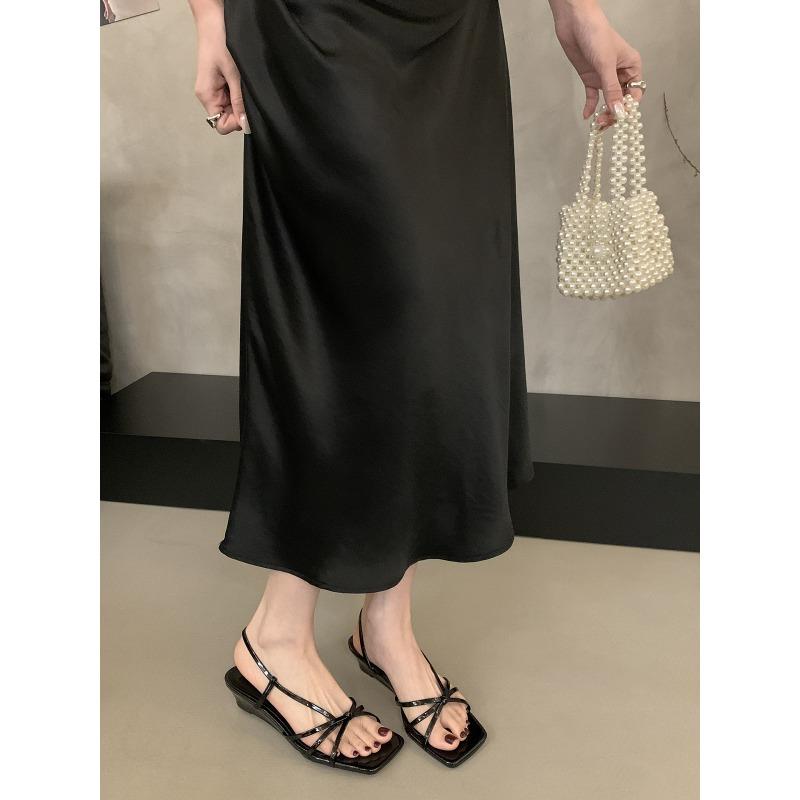 

Pink with skirt slope heel cool slippers women s summer outer wear holiday woven belt beach sandals 35 чёрный