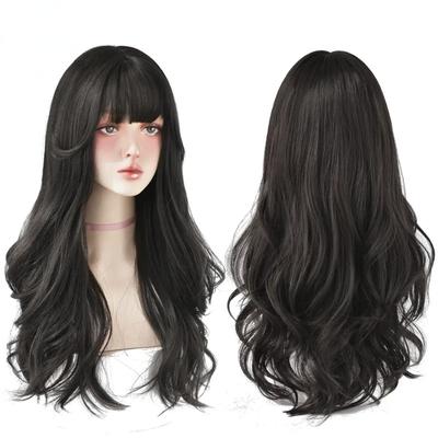 Popular Brown Ash Long Deep Wave Hair Lolita Wigs With Bangs Synthetic Wig For Women Fashion Thick Curls Wigs Girl