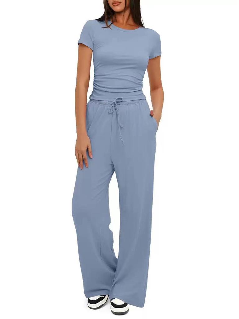 2026 European & American Women's Two-Piece Casual Set: Ruffled Short-Sleeve Top & Wide-Leg Pants