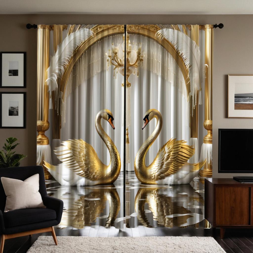 2-teiliger HD digitaler gelber Langhals-Schwan Vorhang Heimdekorationsstil Dekoration Wohnzimmer Schlafzimmer durch Stangenvorhang-Effekt