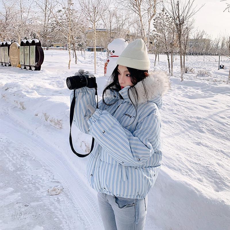 Y2K Womens Winter Clothes Warm Trench Coat Bow Fashion Simple Stripe Plush Sportswear Retro Sweet Loose Short Jacket