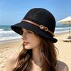 Elegant Women's Beach Straw Hat with Belt Embellishment - Breathable Openwork Sun Hat Summer Travel Vacation Bucket Hat