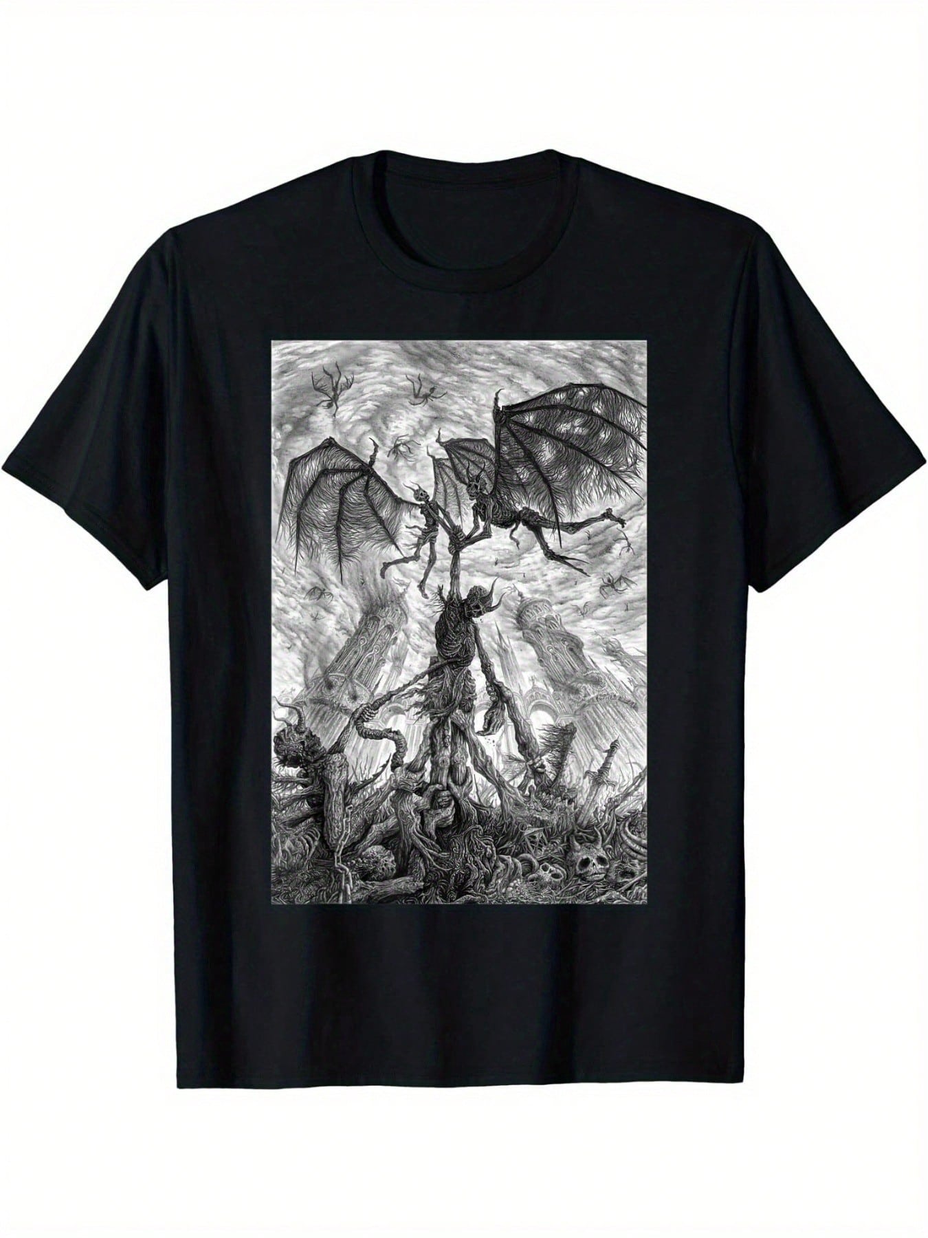 unisex S Gothic Dark Fantasy T-Shirt - Heavy Metal Dragon  Bat Graphic Tee - Cotton Soft Breathable Shirt - Dark Gothic Clothing For Concerts, Hallow S