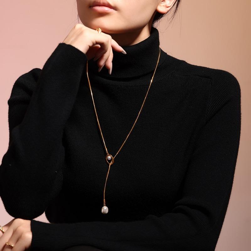 French Style Imitation Pearl Long Adjustable Pull Sweater Necklace Stainless Steel Luxury Jewelry For Women
