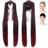 CaseEden Cosplay Wig, Long Twintails with Bun, Heat-Resistant, Dark Brown & Red Gradient, Includes 2 Wig Nets