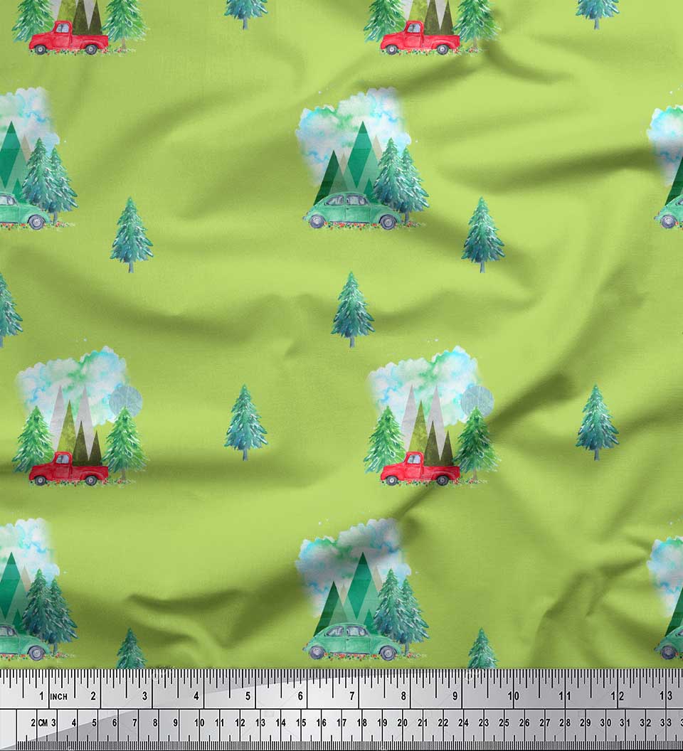 

Soimoi Purple Japan Crepe Satin Тканина Cedar Tree & Mountain Nature Print Тканина на метр 42 дюйма 42 Inch Wide - Poly Crepe зелений