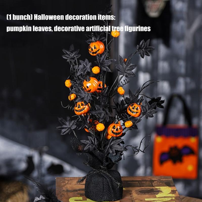 Halloween Artificial Tree Decoration With Pumpkins and Black Maples Leaves for Home Party Desktop Display