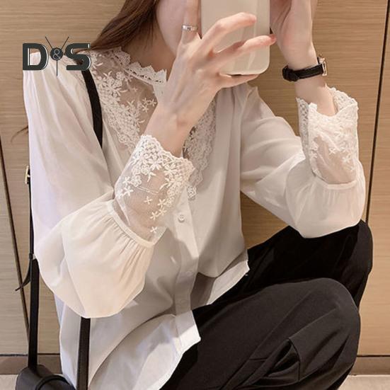 Women Shirt Lace Patchwork Stand Collar Flower Embroidery Single Breasted Long Sleeve Solid Color OL Commute Style Soft Lady Spring Fall Top Blouse