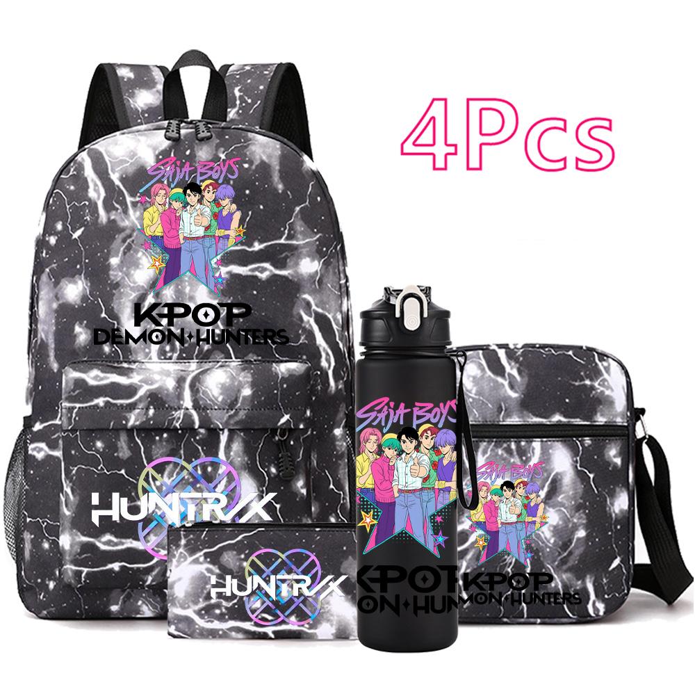 4Pcs/set Anime Demon Hunters Printed Backpack Bookbag Shoulder Bag Case Bag with 750Ml Water Bottler for Boy Girl Large Capacity Schoolbag