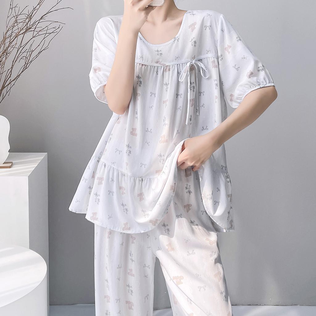 Cotton and silk pajamas women's summer 1011 new short-sleeved trousers can be worn outside the suit, sweet girl small fresh loungewear