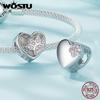 WOSTU 925 Sterling Silver Pink Cat Dog Paw Charms Pendant Heart Beads Fit Original Bracelet DIY Necklace Girl Birthday Gift