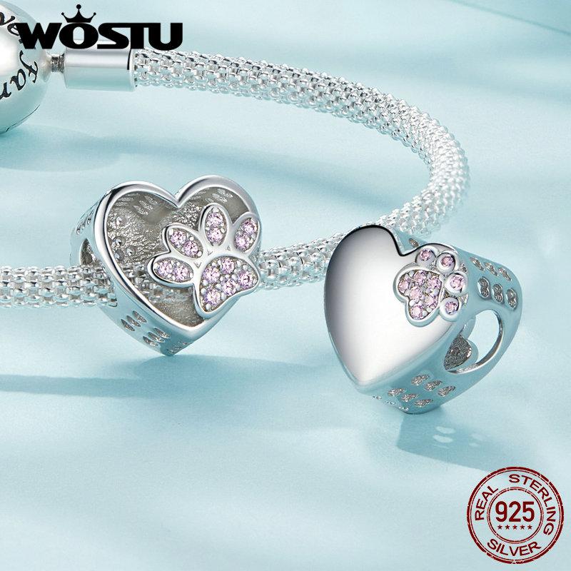 WOSTU 925 Sterling Silver Pink Cat Dog Paw Charms Pendant Heart Beads Fit Original Bracelet DIY Necklace Girl Birthday Gift