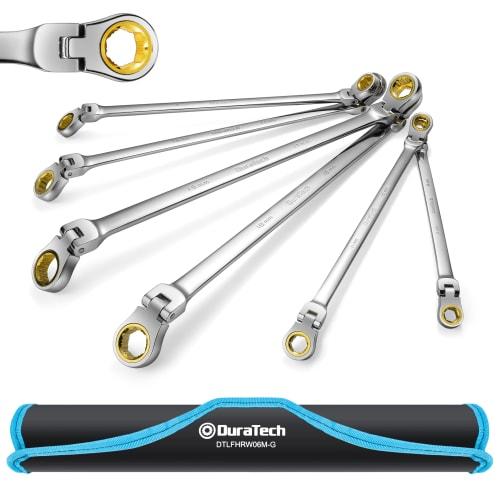 DURATECH Open-End Wrench Set, Flex Ratchet Wrench, Long Type, Fits Stripped Bolts and Nuts, 8-19mm, 72 Gears, Double-Ended Swing Type, CR-V Steel, Mir