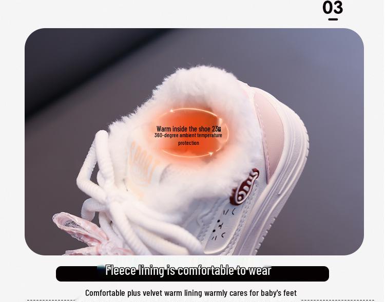Versatile Children's Winter Plus Velvet Cat-Design Casual Warm Sneakers - White, Women's Sports Flat Shoes