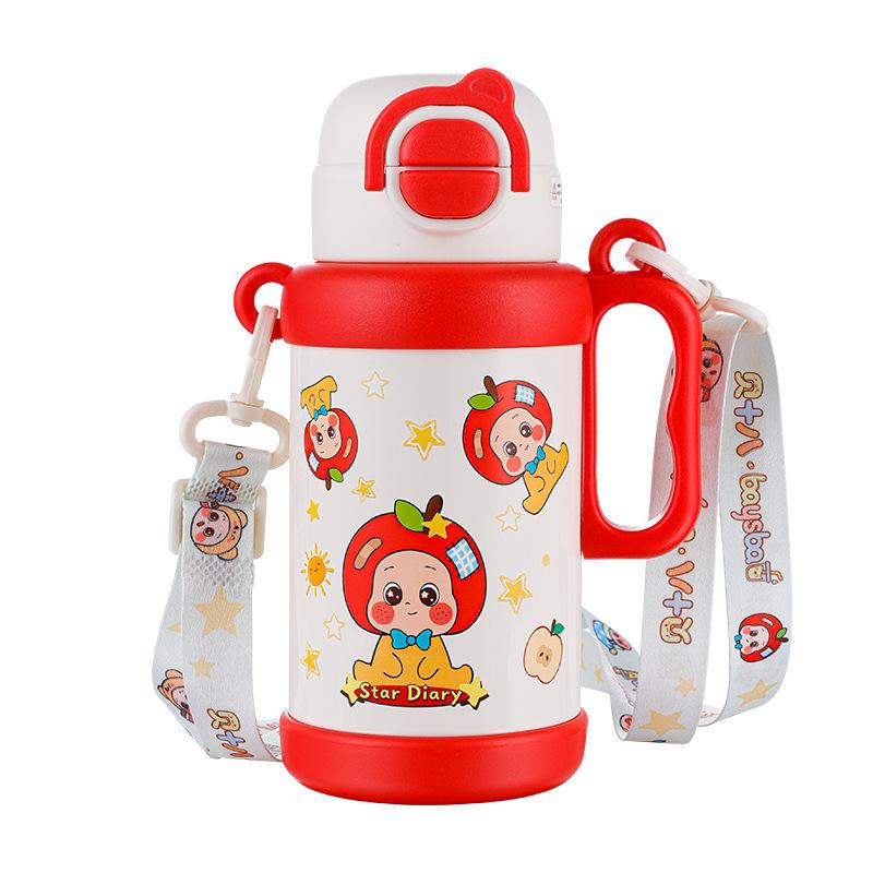 Double drink thermos cup Children's portable straw cup Small water cup with handle Kindergarten kettle Cartoon