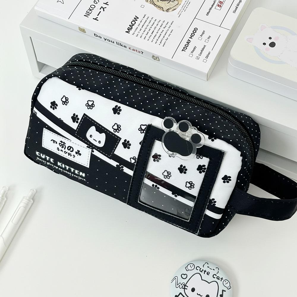 Cute Kitten Pen Bag Large Capacity Pencil Pouch Korean Style Pencil Case School Supplies Black White Kitten
