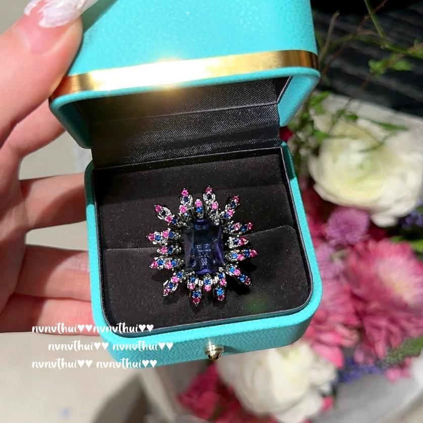Spree Cornflower Gemstone Ring, Antique, 18K Gold Plated, Iris Purple Flower Large Carat Zircon Ring