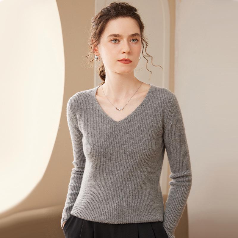 Women's V-Neck Cashmere Striped Slim Fit Long Sleeve Sweater - Warm Autumn/Winter Base Layer