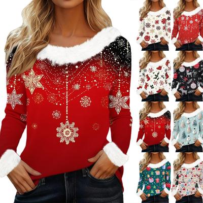 Women's Fashion Long Sleeve Christmas V-Neck Printed Party Furry Top