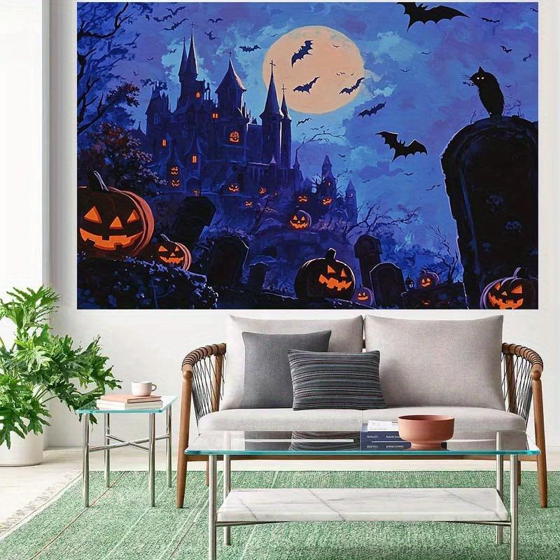 Horror Halloween Background Cloth - Gothic Castle  Full Moon  Flying Bat  Jack Pumpkin Lantern - No Electricity Required