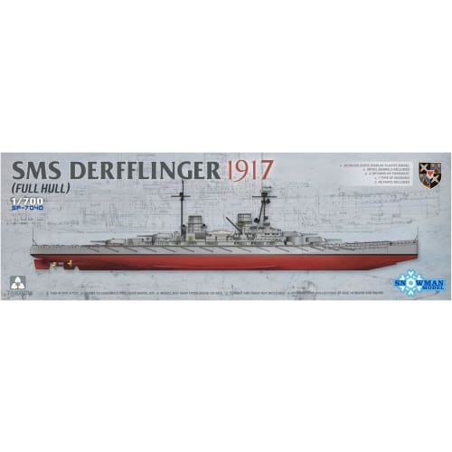 Takom Snowman 1/700 German Navy SMS Derfflinger 1917 Full Hull Model with 8 Metal Gun Barrels, Plastic Model Kit, TKOSP-7040, Molded In Color