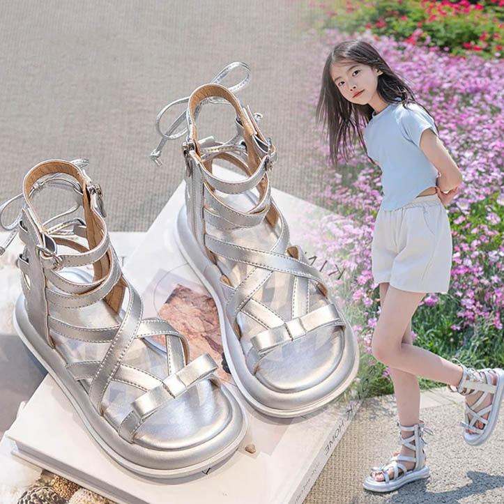 Summer girls sandals 2025 children's shoes soft sole high-top Roman shoes foreign silver princess style girls shoes
