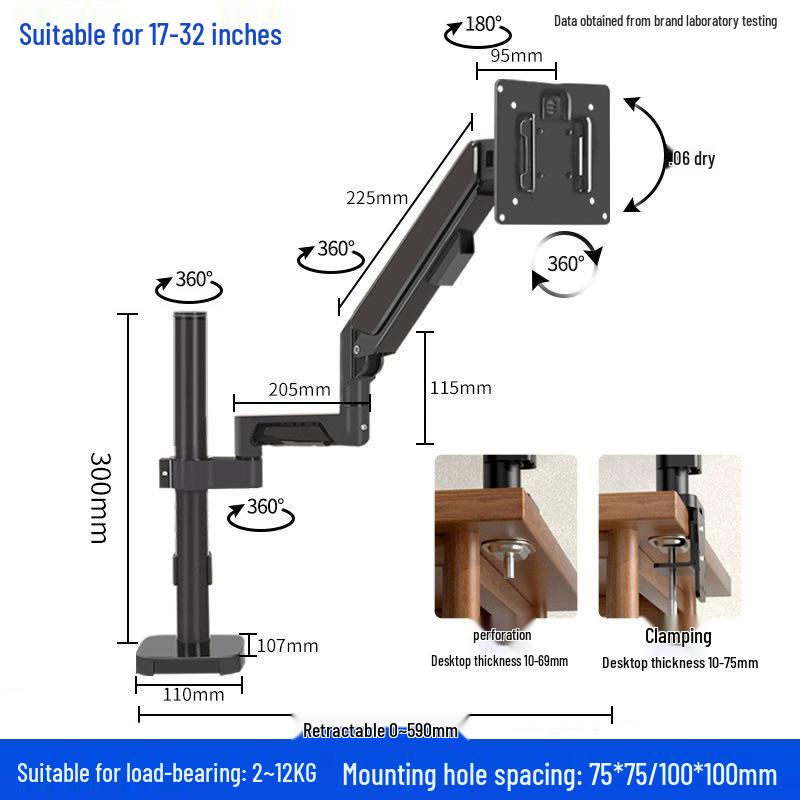 Single Arm Monitor Stand with Adjustable Height and Swivel, Desk Clamp Mount, 35mm Tube Diameter.