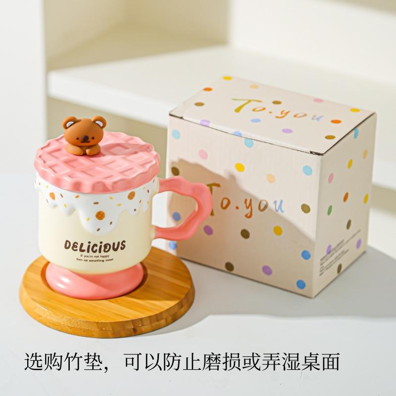 Tecknad Söt Björn Kakor Keramisk Mugg med Lock Högt Värde Kontors Vattenkopp Souvenirgåva Mugg
