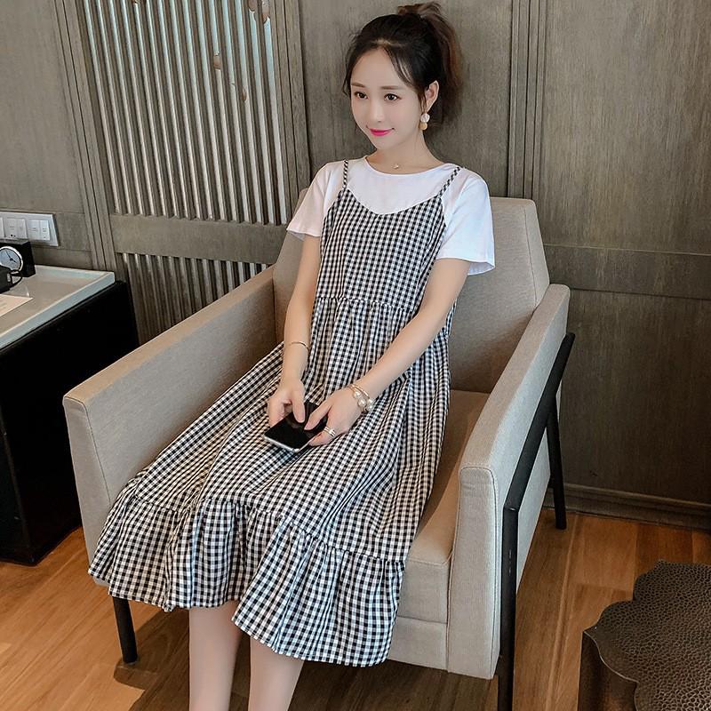 2025 Celebrity-Inspired Maternity Summer Two-Piece Patchwork Dress - Short Sleeve, Mid-Length, Loose Fit