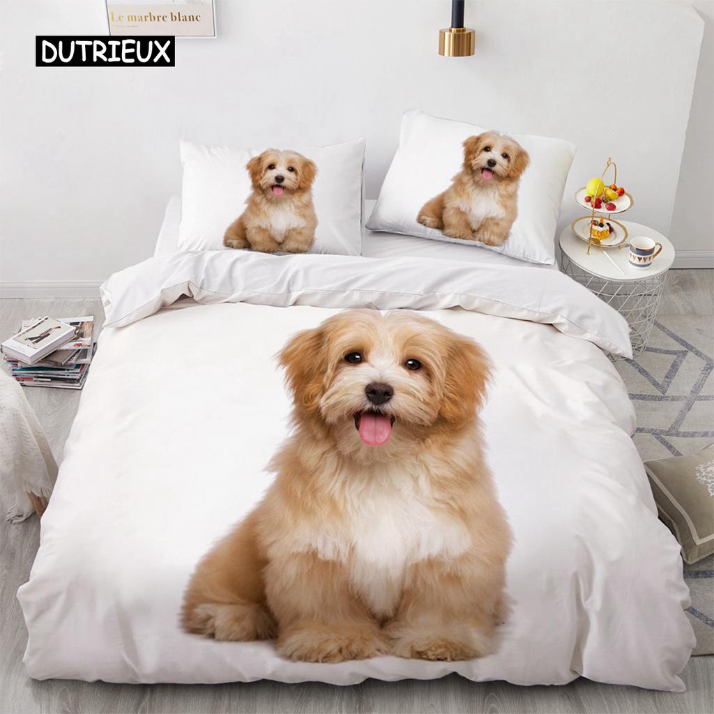 Lovely Animal 3D Bedding Sets White Duvet Quilt Cover Set Comforter Bed Linen Pillowcase King Queen 200*220cm Size Dogs Pets Dog