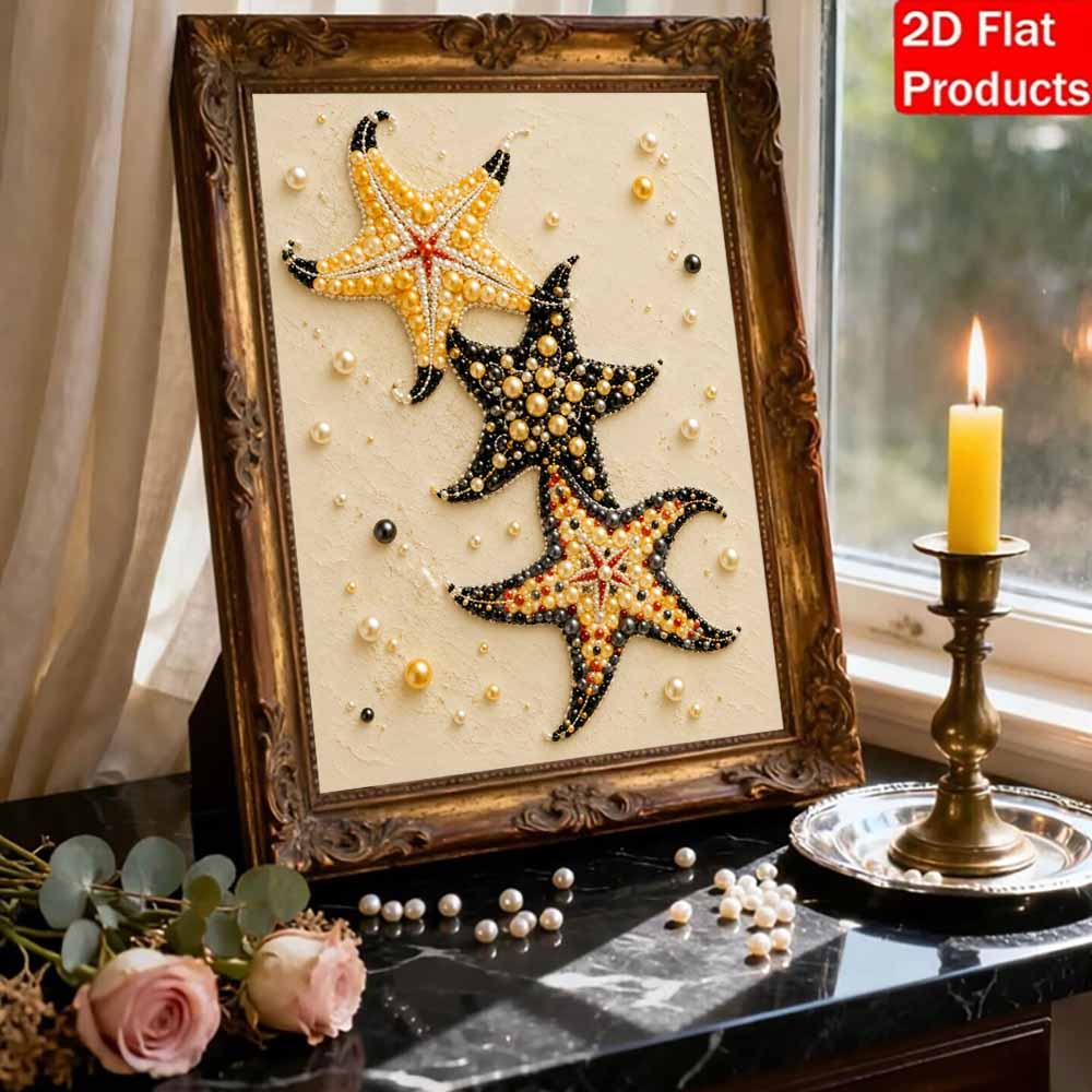 Easy DIY Framed Pearl Bead Painting Kit with Starfish Ocean Theme 3D Sparkling Canvas Art for Home Decoration Gift Idea