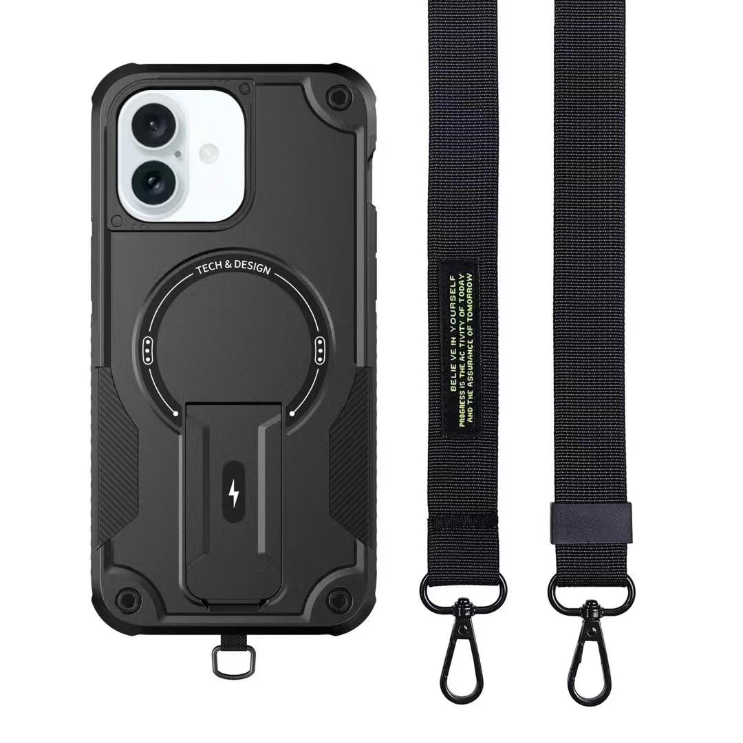 

For iPhone 16 Plus Case Compatible with MagSafe TPU+PC Kickstand Phone Cover with Strap Black