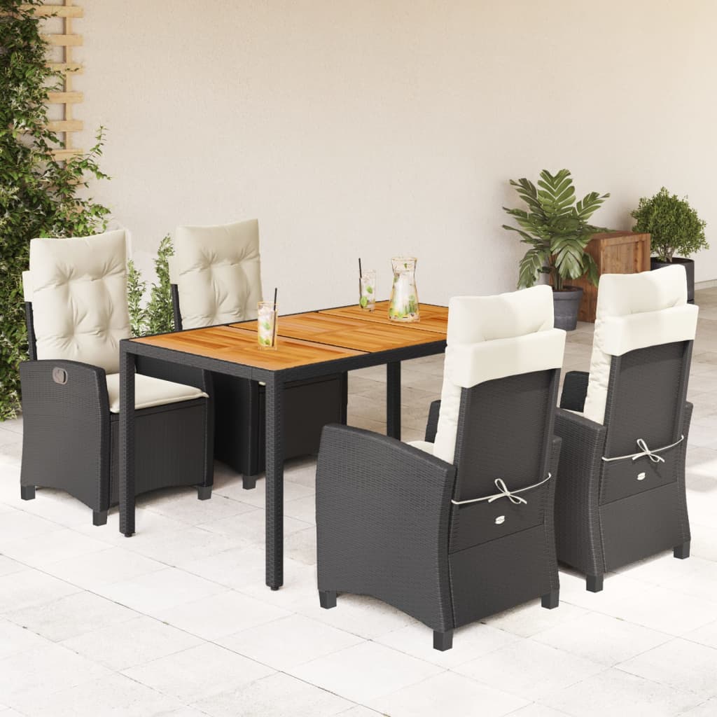5 Piece Outdoor Dining Set with Cushions Black Poly Rattan