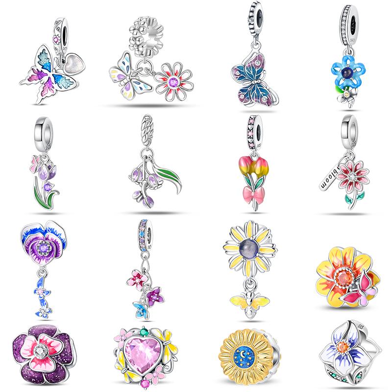 Copper Metal Butterfly Flower Vibrant Colorful Series Charm Bead Components Bead Components Compatible With Pan Authentic Original Bracelets Do It