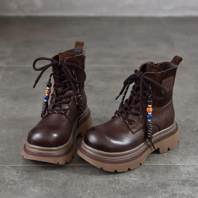 Johnature Thick Soled Cowhide Lace Up Short Boots Retro Side Zipper Genuine Leather Women's Boots