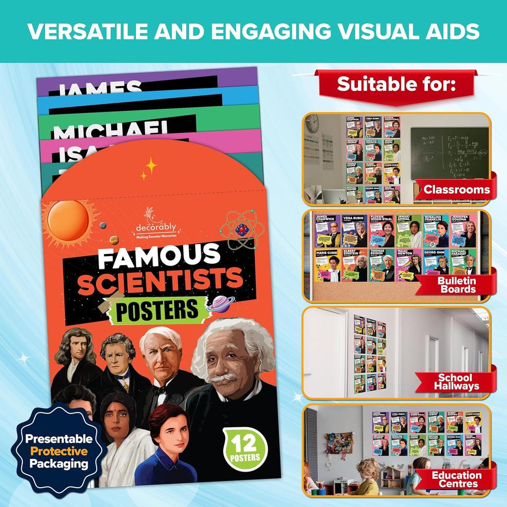 Decorably 12 Famous Scientists Posters for Classroom, 11x14in Educational Matte-Laminated for School Decor, Hallways, Bulletin Boards, Home Study