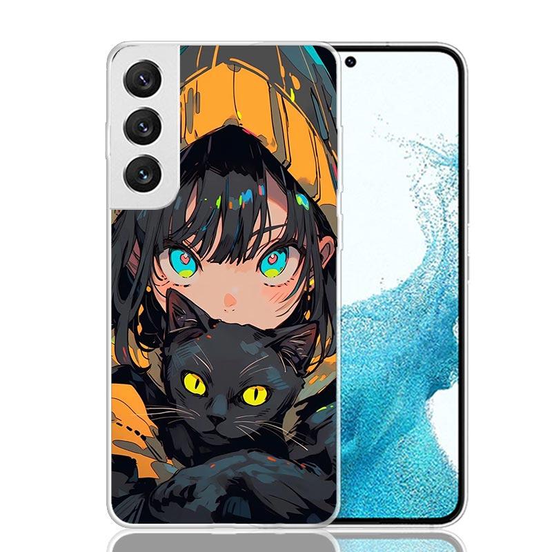 Anime Girls Cute Black Cat Phone Case For Samsung Galaxy S26 Ultra S23 S24 S25 Edge S20 FE S21 S22 Plus Soft Print Shell Cover F