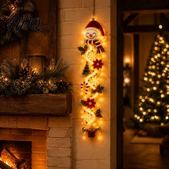 Handmade Look Xmas Ornament Glowing Christmas Door Hanger Crochet Spiral with LED Lights Snowman Santa Reindeer Lighted Holiday Hanger Angel