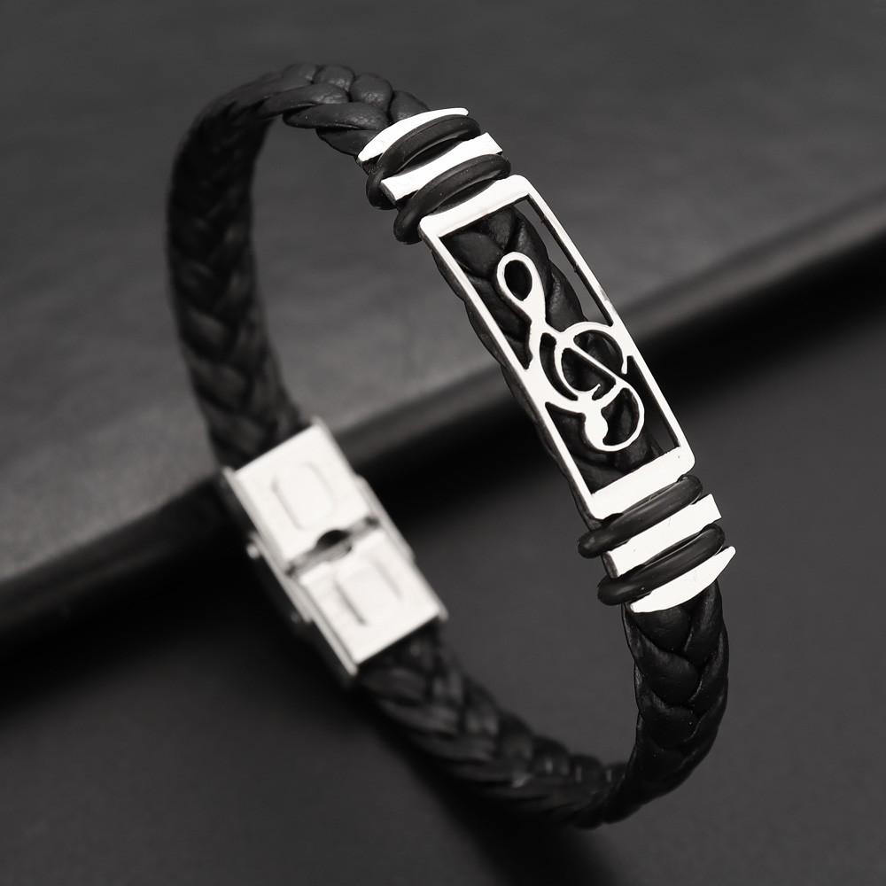 

Модный кожаный браслет с узором в виде музыкального символа, браслет из нержавеющей стали с пряжкой, пара, панк, хип-хоп, праздничный подарок, аксессуары для вечеринок чёрный