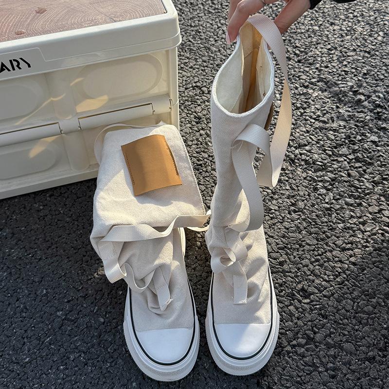Niche design sense high-top canvas shoes women's new autumn and winter tube pants tube stacking boots thick-soled short boots