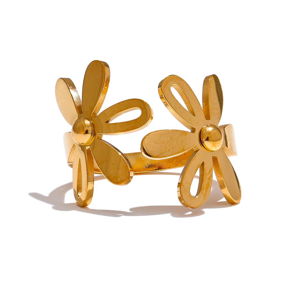 

Yhpup Stainless Steel Plant Flower open Golden Ring Waterproof 18K PVD Plated Stylish Finger Jewelry for Women Gift