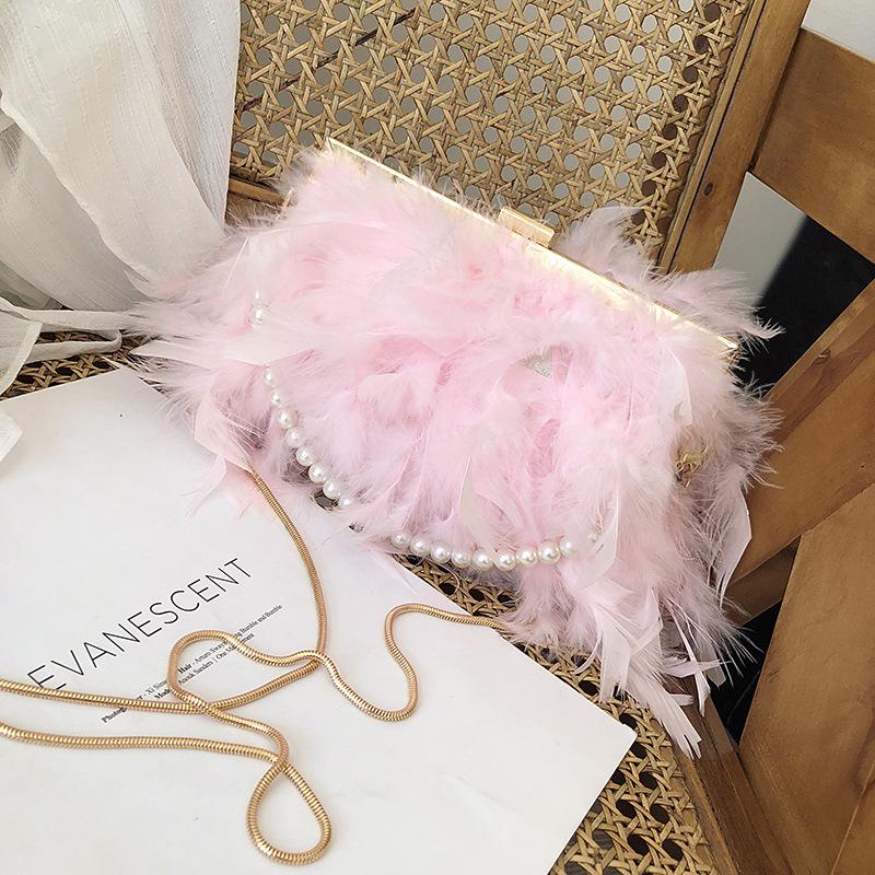 Korean Style Women's Evening Bag: Turkey Feather Crossbody with Pearl Chain and Ostrich Feather Clasp