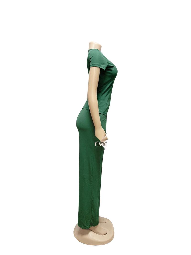 TW730 Summer Fashion Solid Color Square Neck Top & High Waist Wide Leg Pants Set
