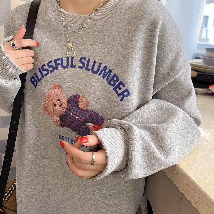 Fleece thickened super fire American retro sweater women's autumn and winter oversize crew neck jacket student loose