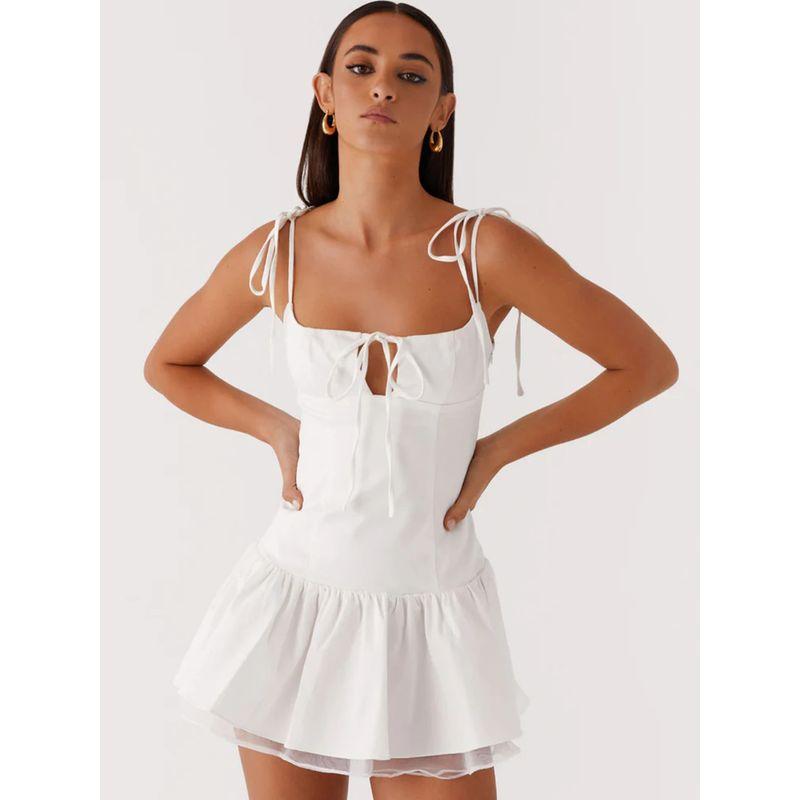 Moonlight Waltz French Style Sweet and Spicy Ballet Girl Slim White Dress Mesh Patchwork Pure Desire Lace-up Sling Dress